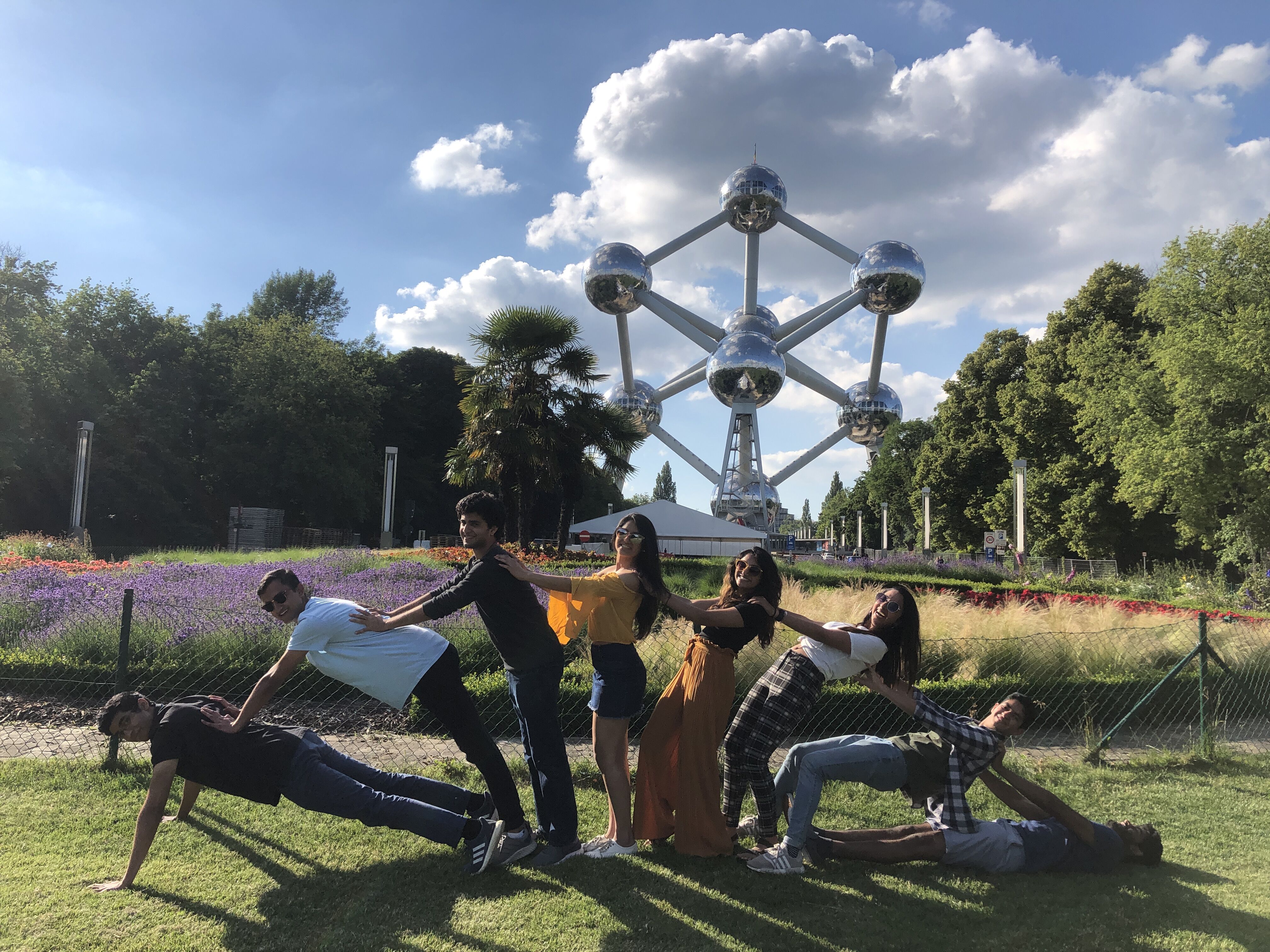 Georgia Tech study abroad students in front of the iconic Atomium in Brussels, Belgium.